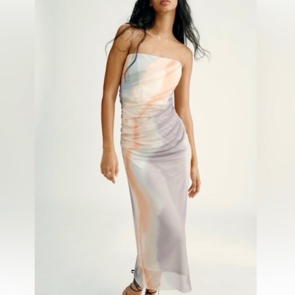 ZARA strapless printed tulle dress